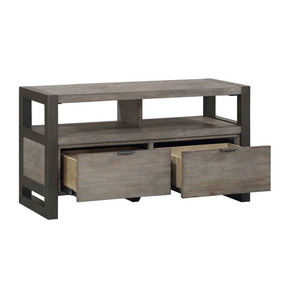 Open shelves and drawers of Prudhoe media console