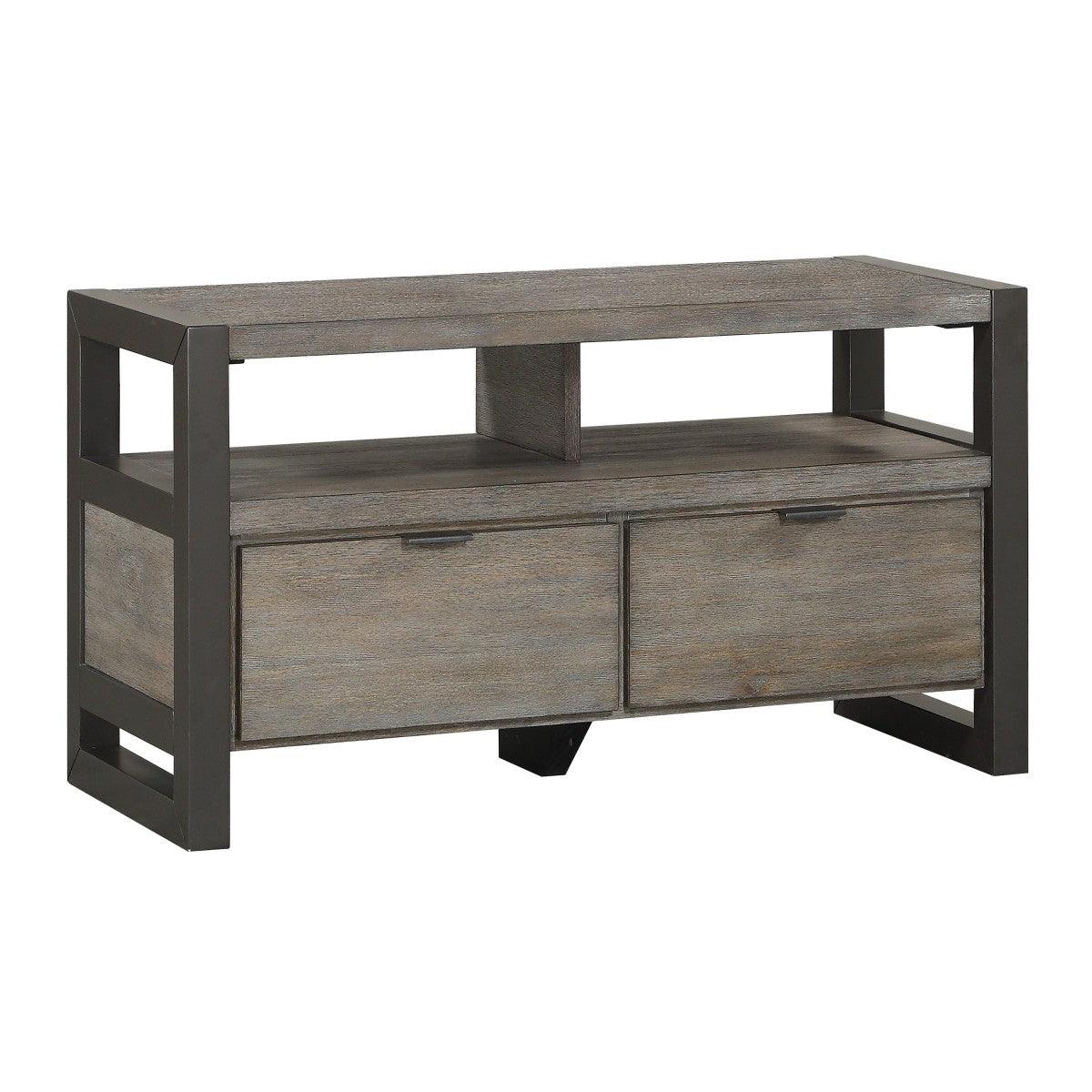 Side view of Prudhoe Power Glaze Oak and Gunmetal TV Stand