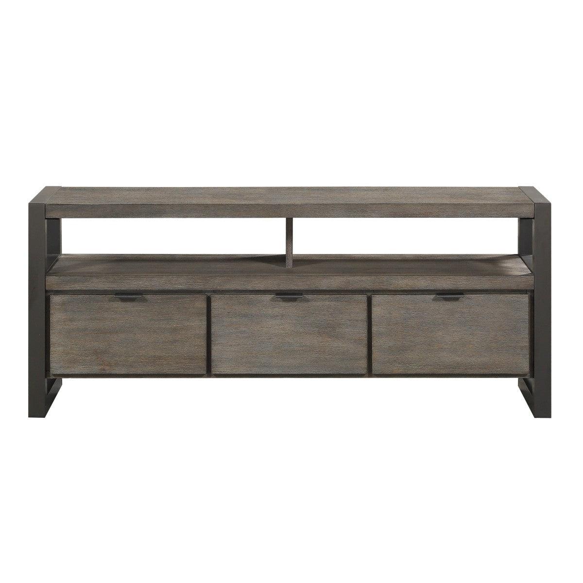 Prudhoe Power Gunmetal TV Stand front view showing drawers and open shelves