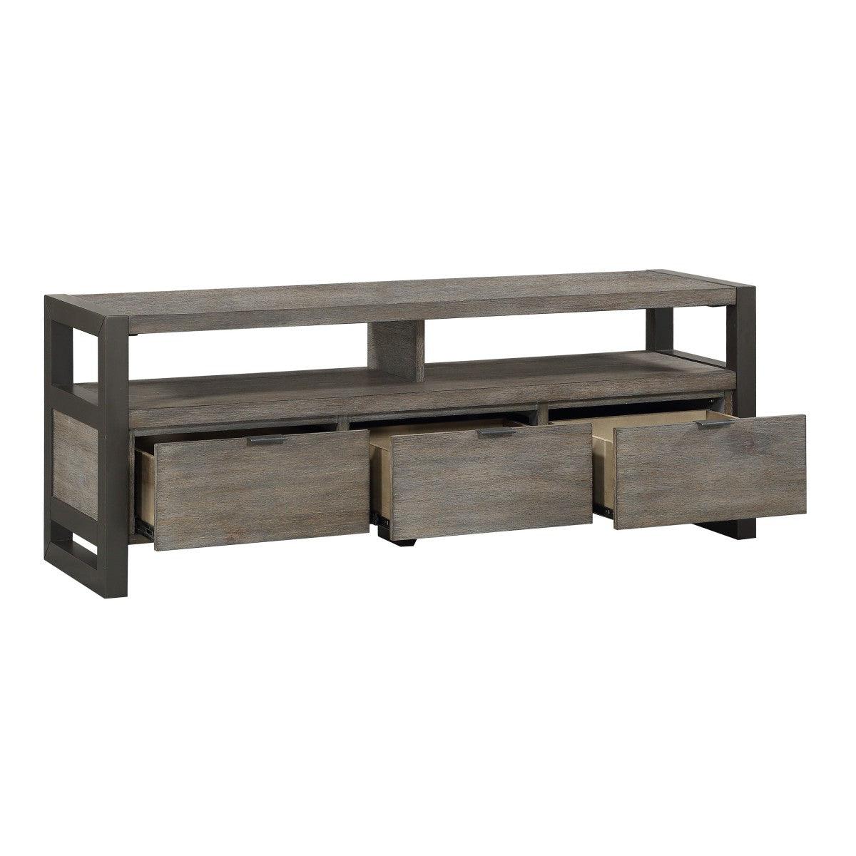 Prudhoe Power Gunmetal TV Stand open shelves and cord management detail