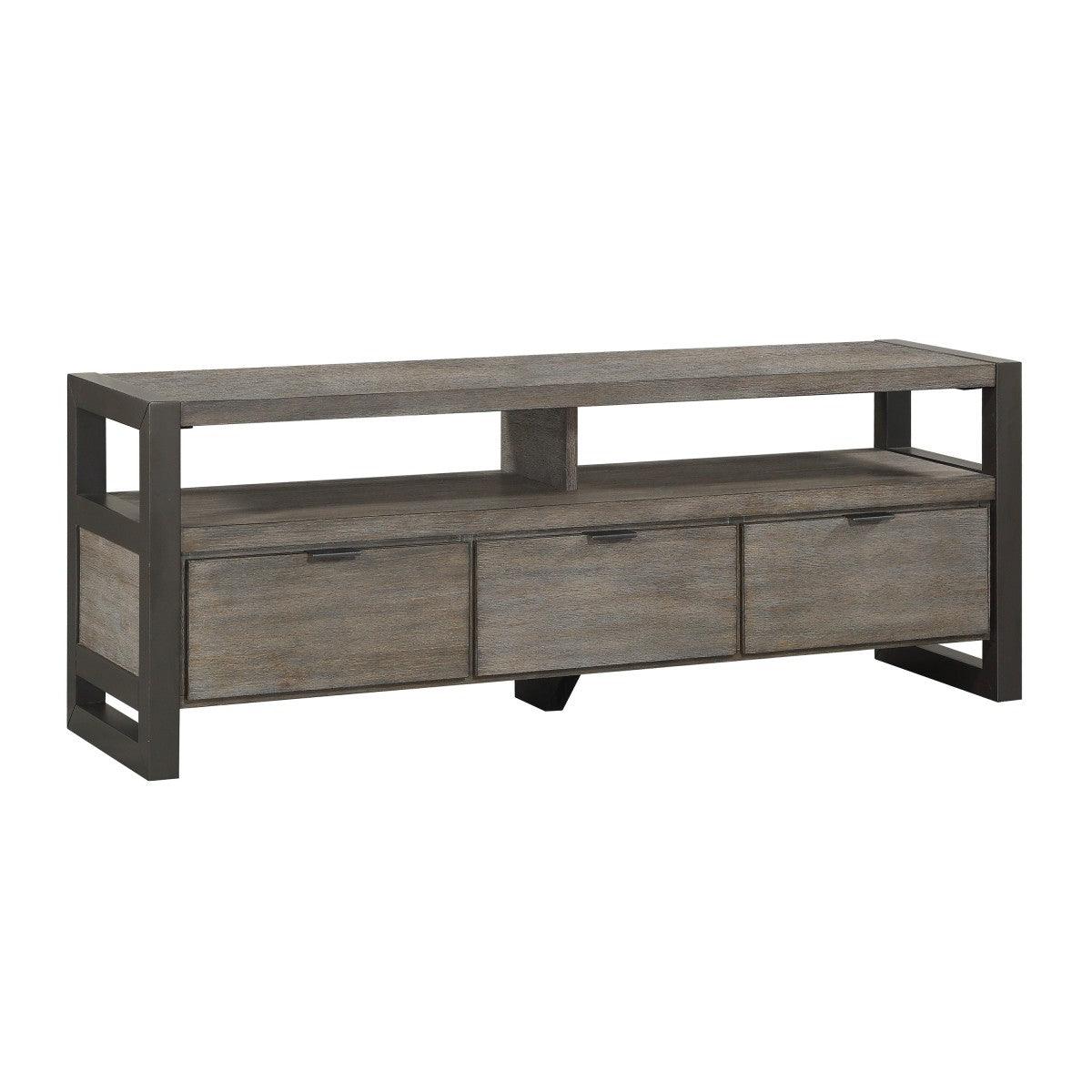 Side view of Prudhoe Power Gunmetal TV Stand showing wood veneer finish
