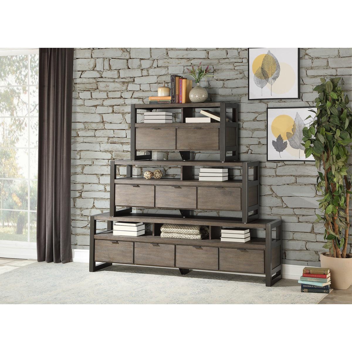 Collection view of Prudhoe TV stands in oak and gunmetal finishes