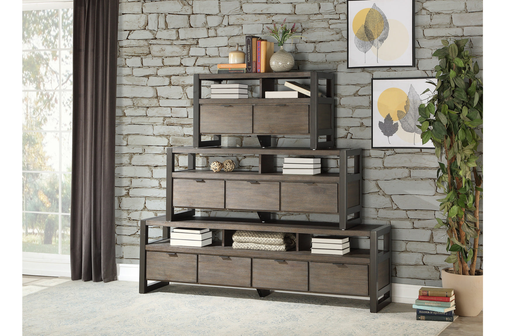 Prudhoe Gray Media Console TV Stand drawers and open shelving detail