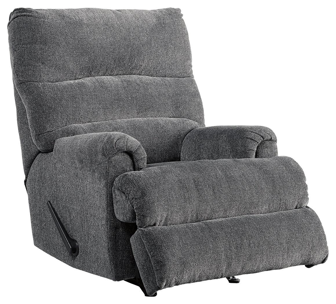 reclined position of Man Fort Graphite Chenille Recliner