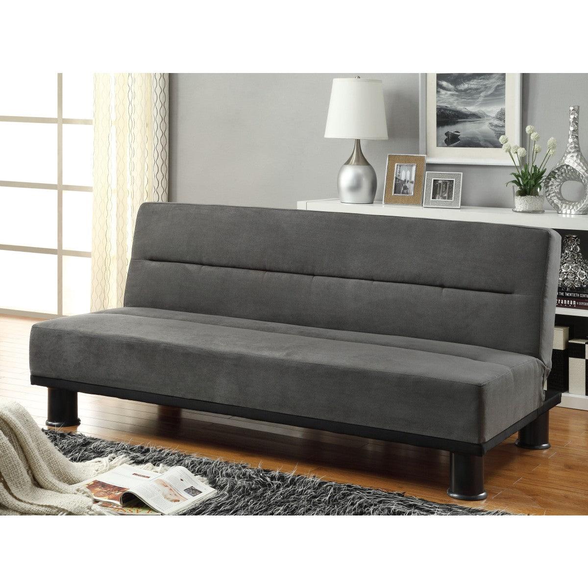 Side angle of Callie Gray gray microfiber elegant lounger showing wooden legs