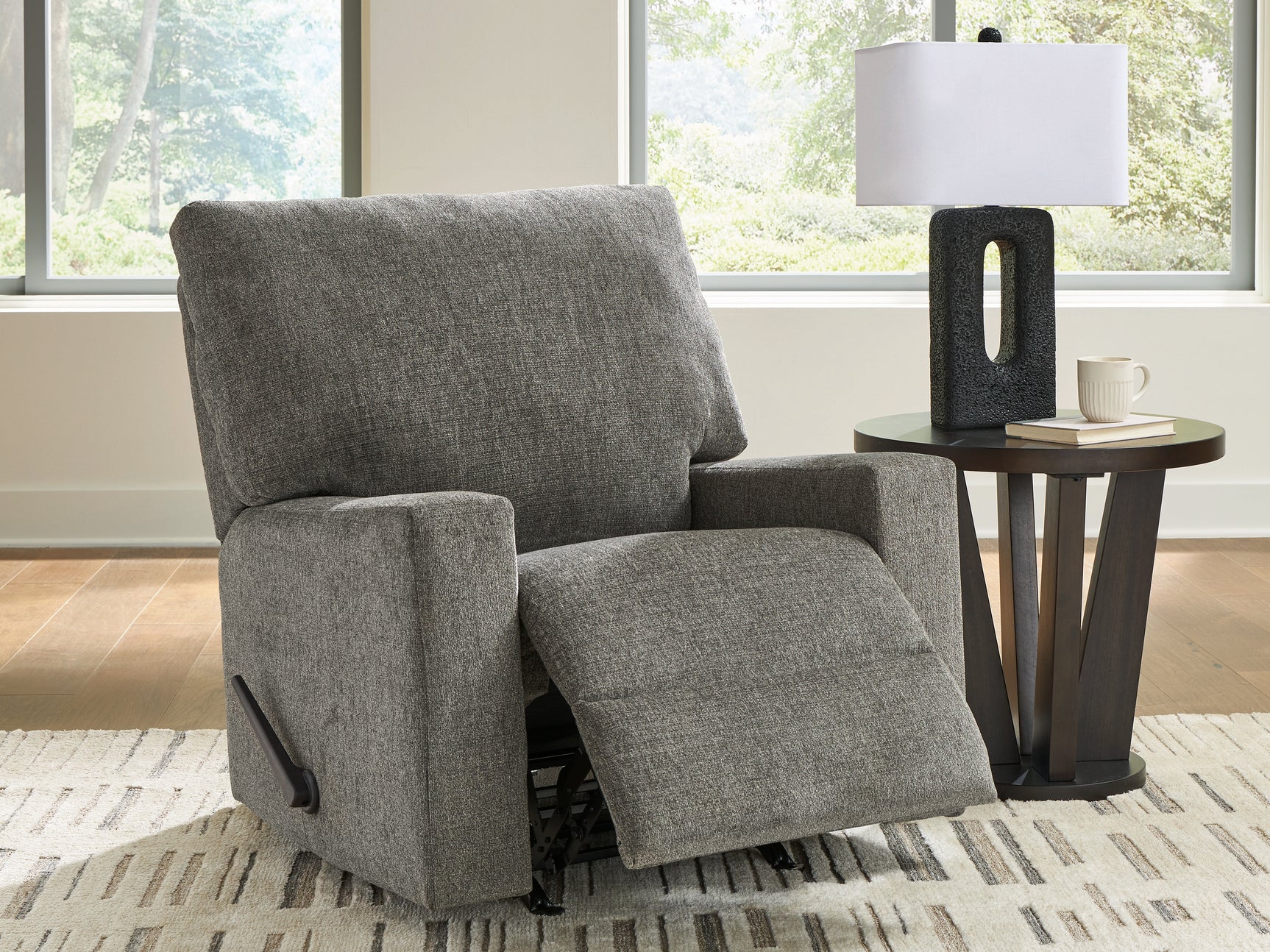 Side view showing recliner position on Clarington Greystone Chenille Recliner