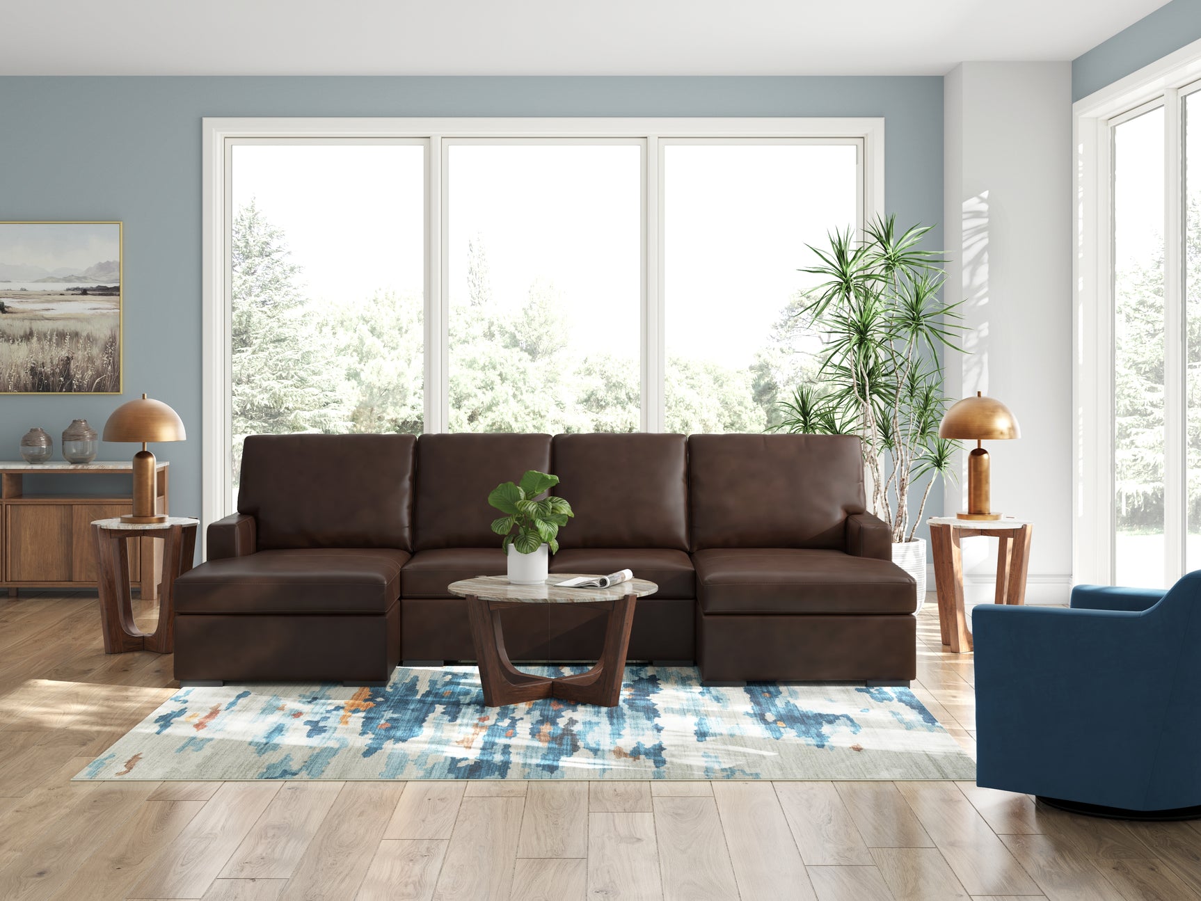Close-up detail of coffee leather upholstery on McDowlan 3-Piece Sectional