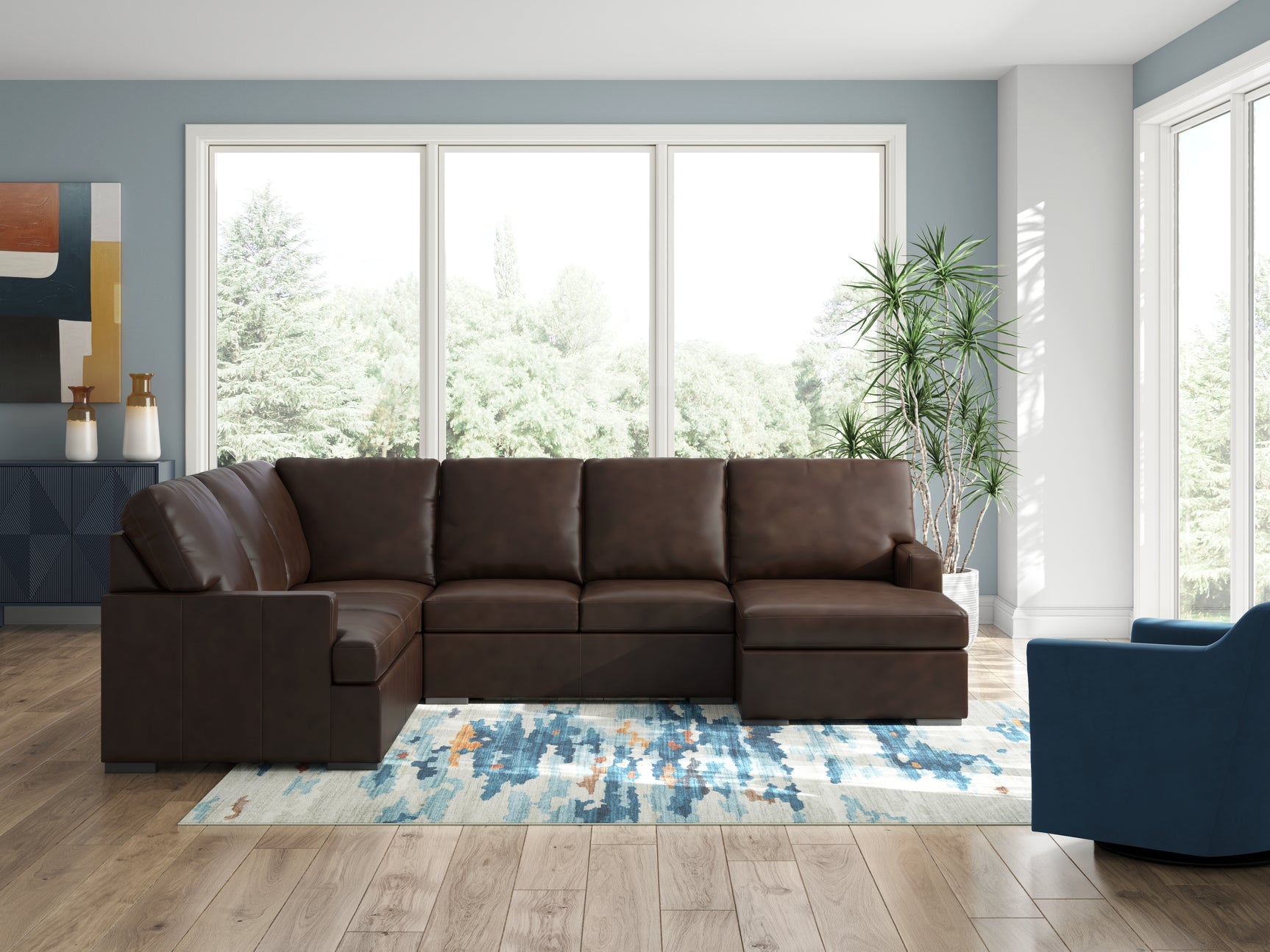 close-up detail of coffee leather upholstery on McDowlan sectional