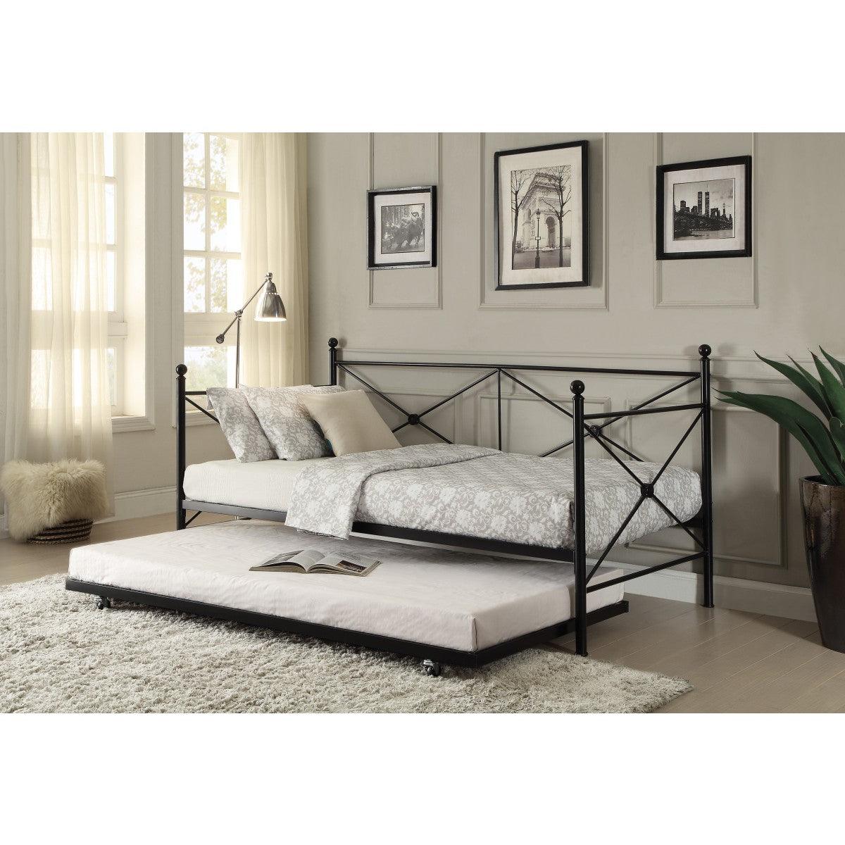 Jones Black Metal Daybed with Trundle trundle open