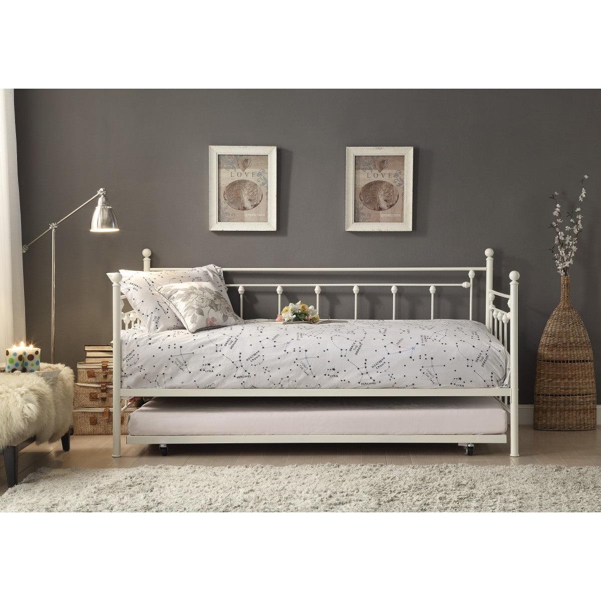 Lorena White Metal Daybed with trundle, decorative finials visible
