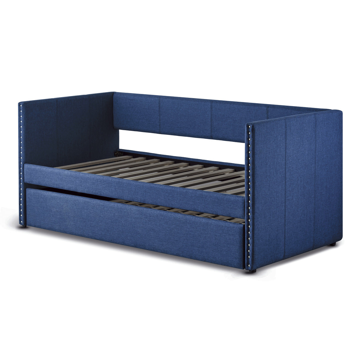 Side view of Therese blue upholstered daybed