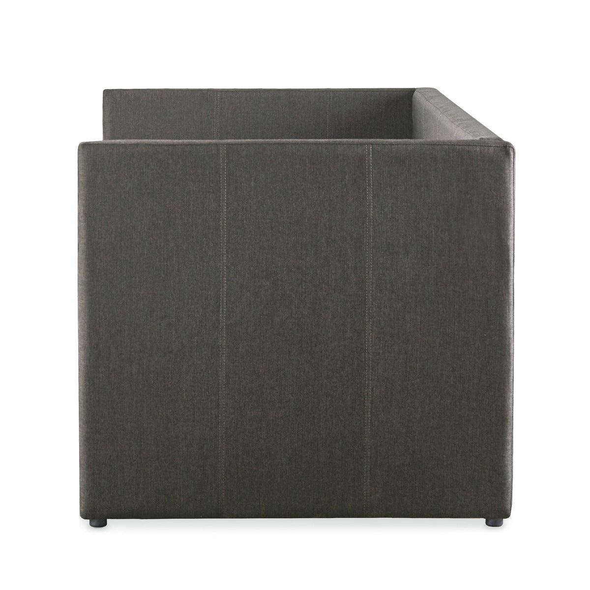 Close-up of gray fabric upholstery and nailhead trim