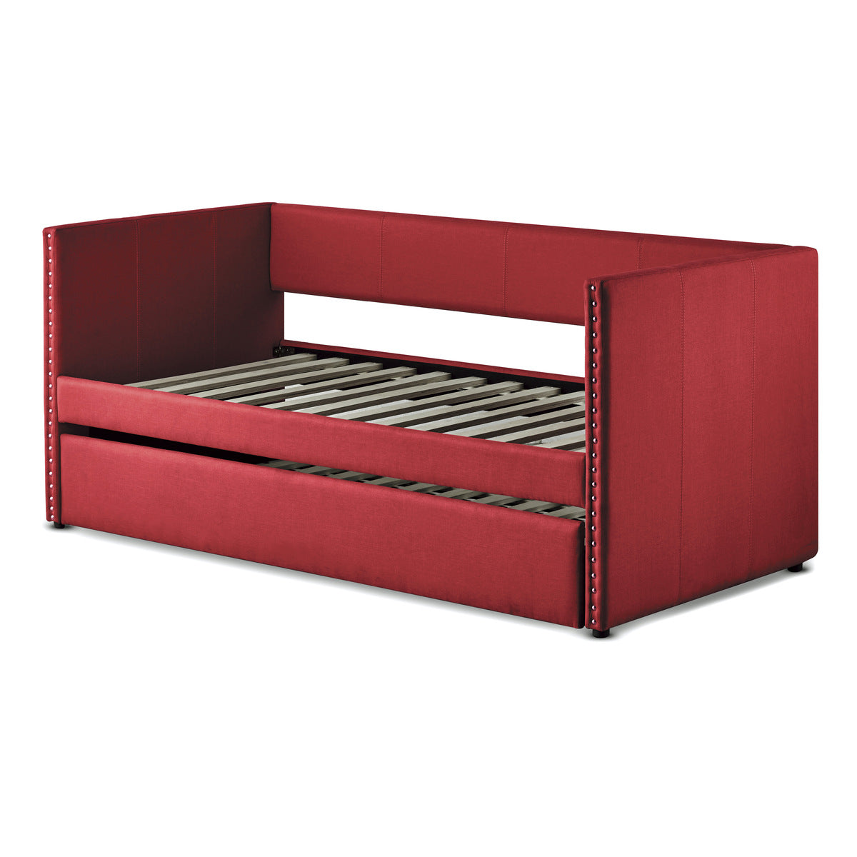 Side view of red upholstered daybed showing nailhead trim