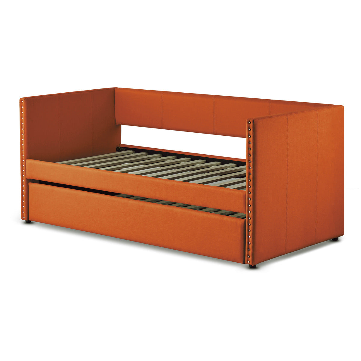 Pull-out trundle bed extended under orange daybed