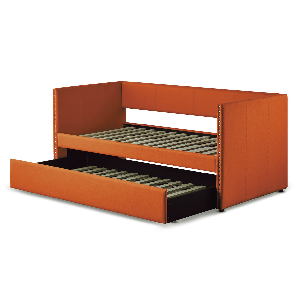Orange daybed trundle open showing caster wheels