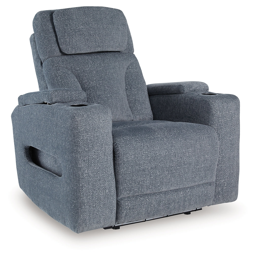 Side angle of Studio Cave Steel Power Recliner showing upholstery texture