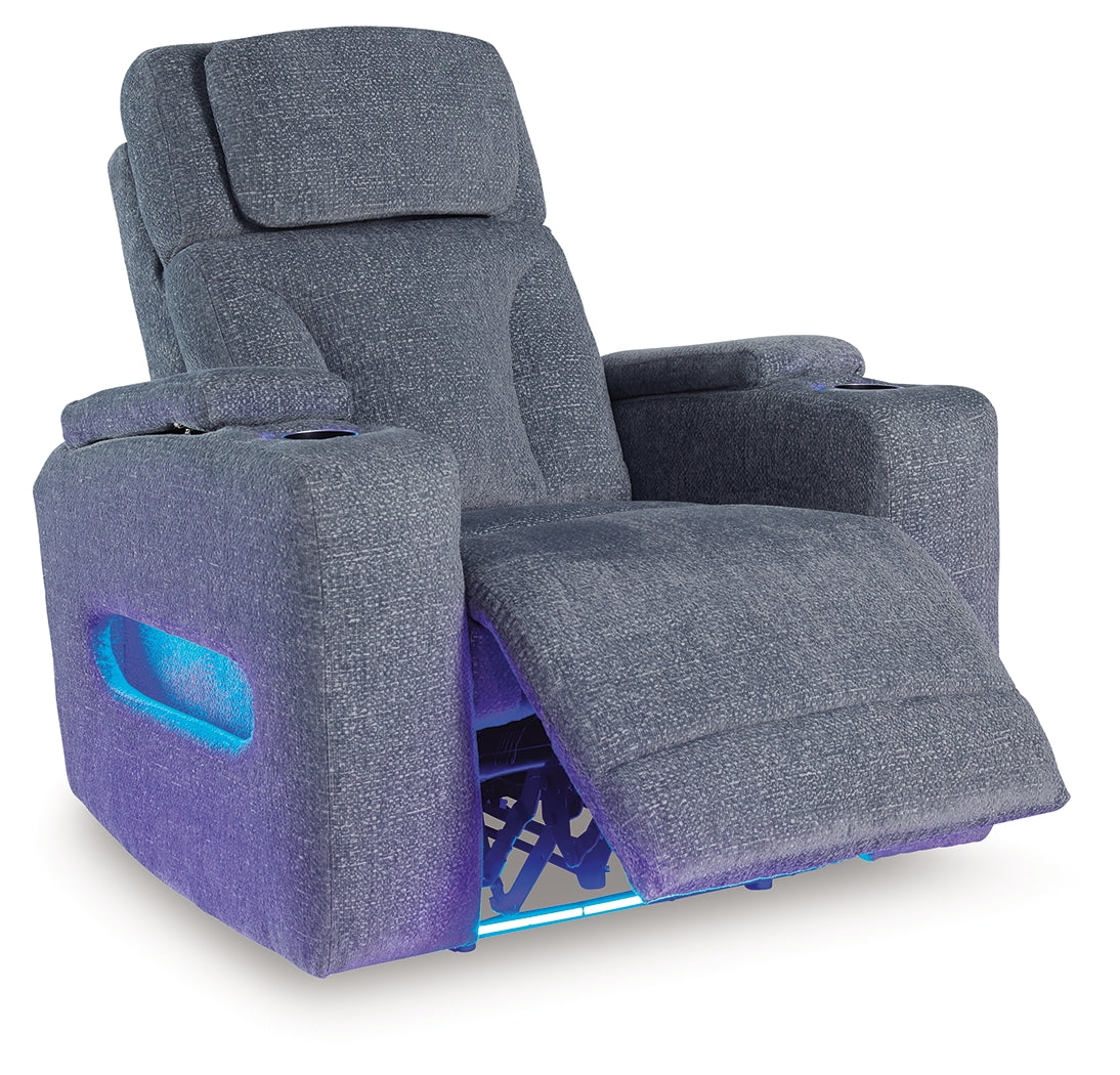 Reclined position of Studio Cave Steel Power Recliner with power adjustment
