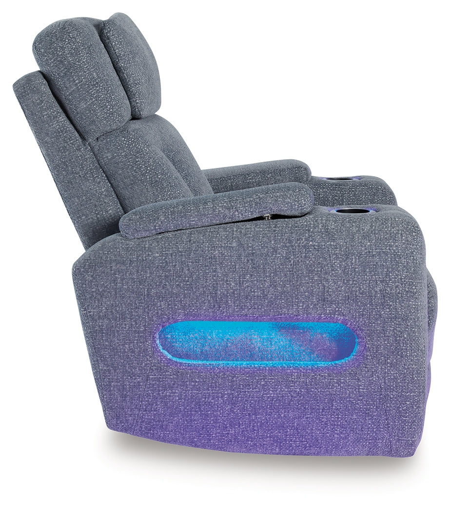 Side profile showcasing power controls of Studio Cave Steel Power Recliner