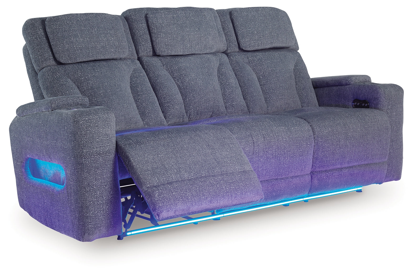 Studio Cave reclining sofa side angle with drop-down table open