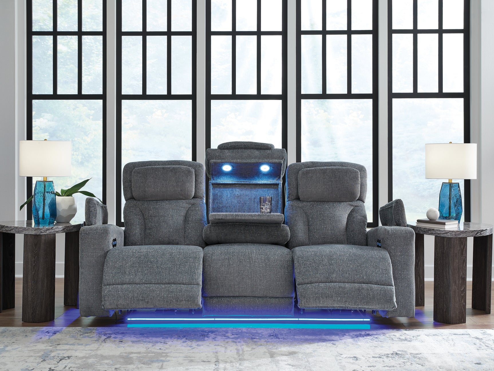 Drop-down table with LED reading lights and cup holders