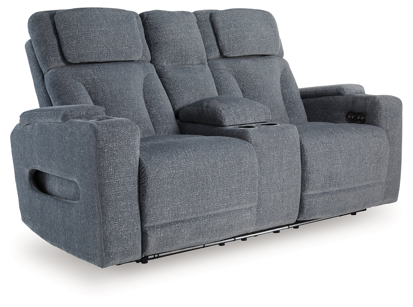 Console with cup holders and hidden storage in Studio Cave reclining loveseat