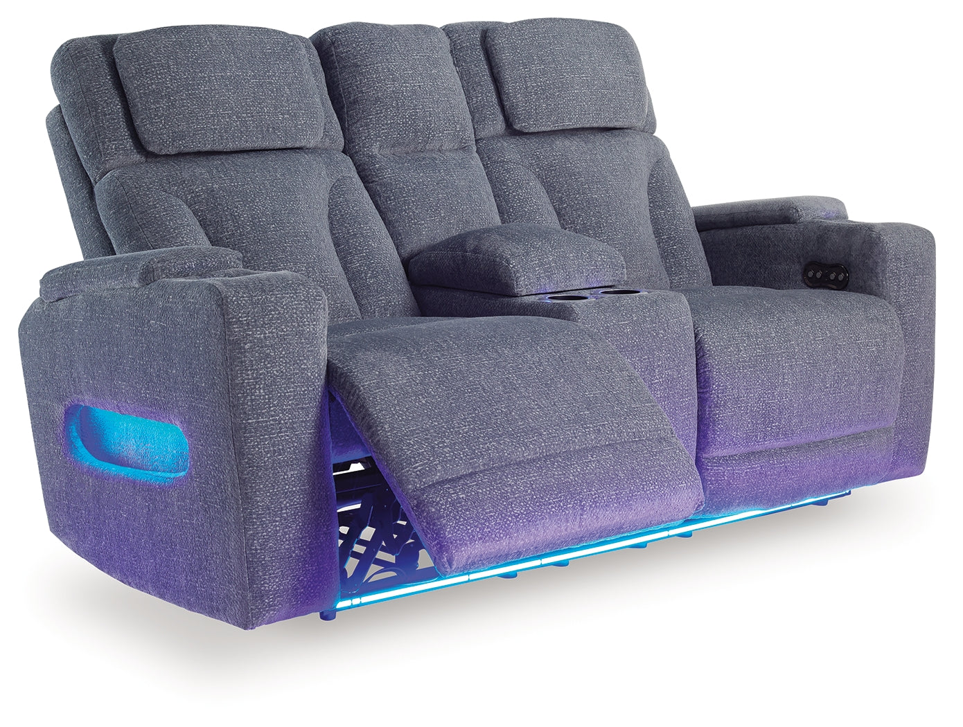 Close-up of Easy View adjustable headrest on loveseat