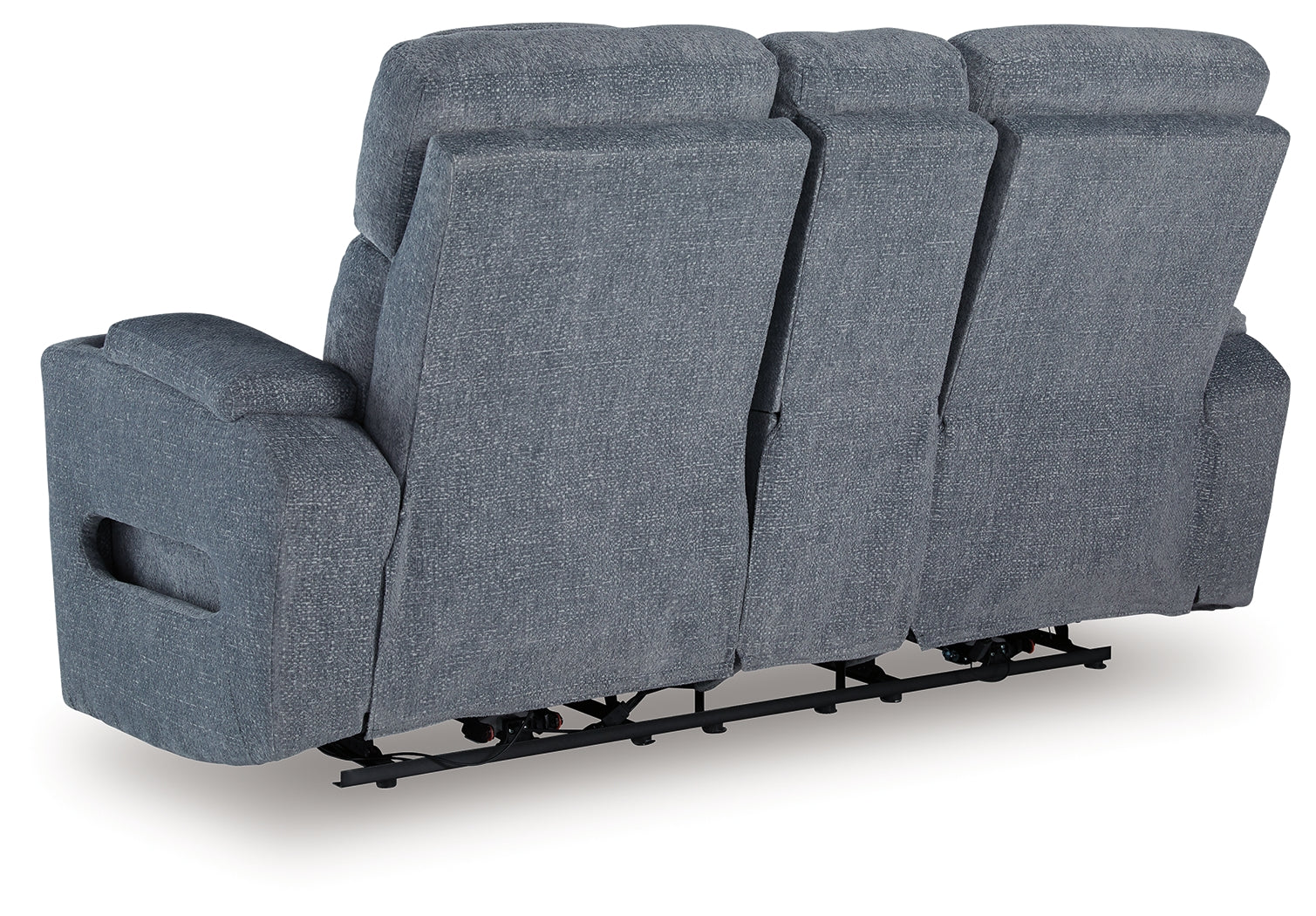 Ambient blue LED lighting on loveseat base and storage areas