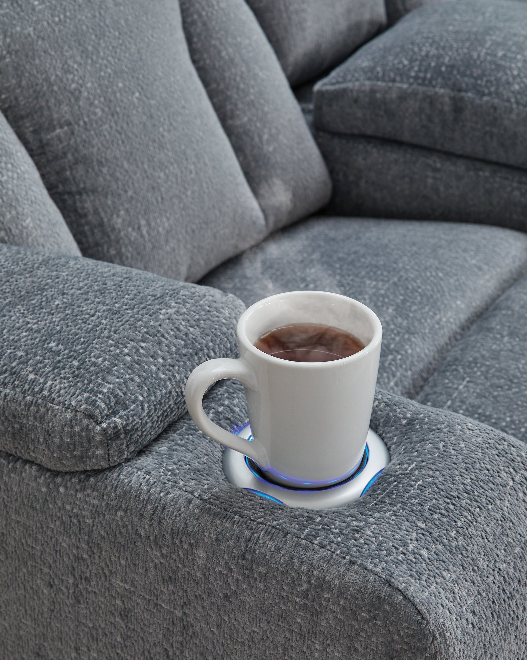 Studio Cave steel-colored power reclining loveseat with console in chenille fabric front view reclining