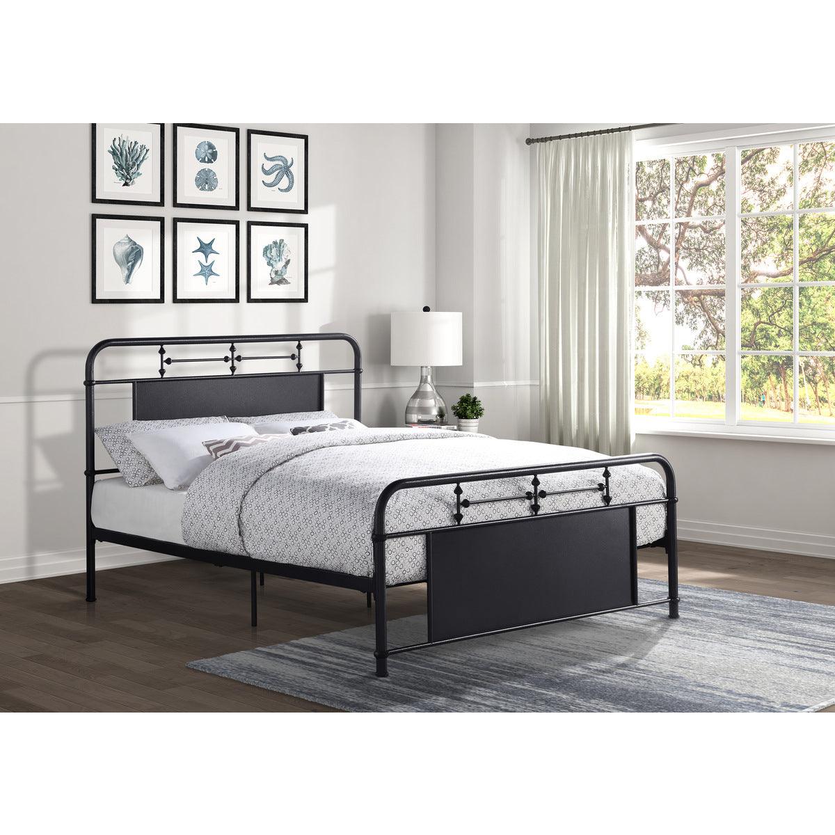 Blanchard Mottled Silver Metal Queen Platform Bed with tufted headboard