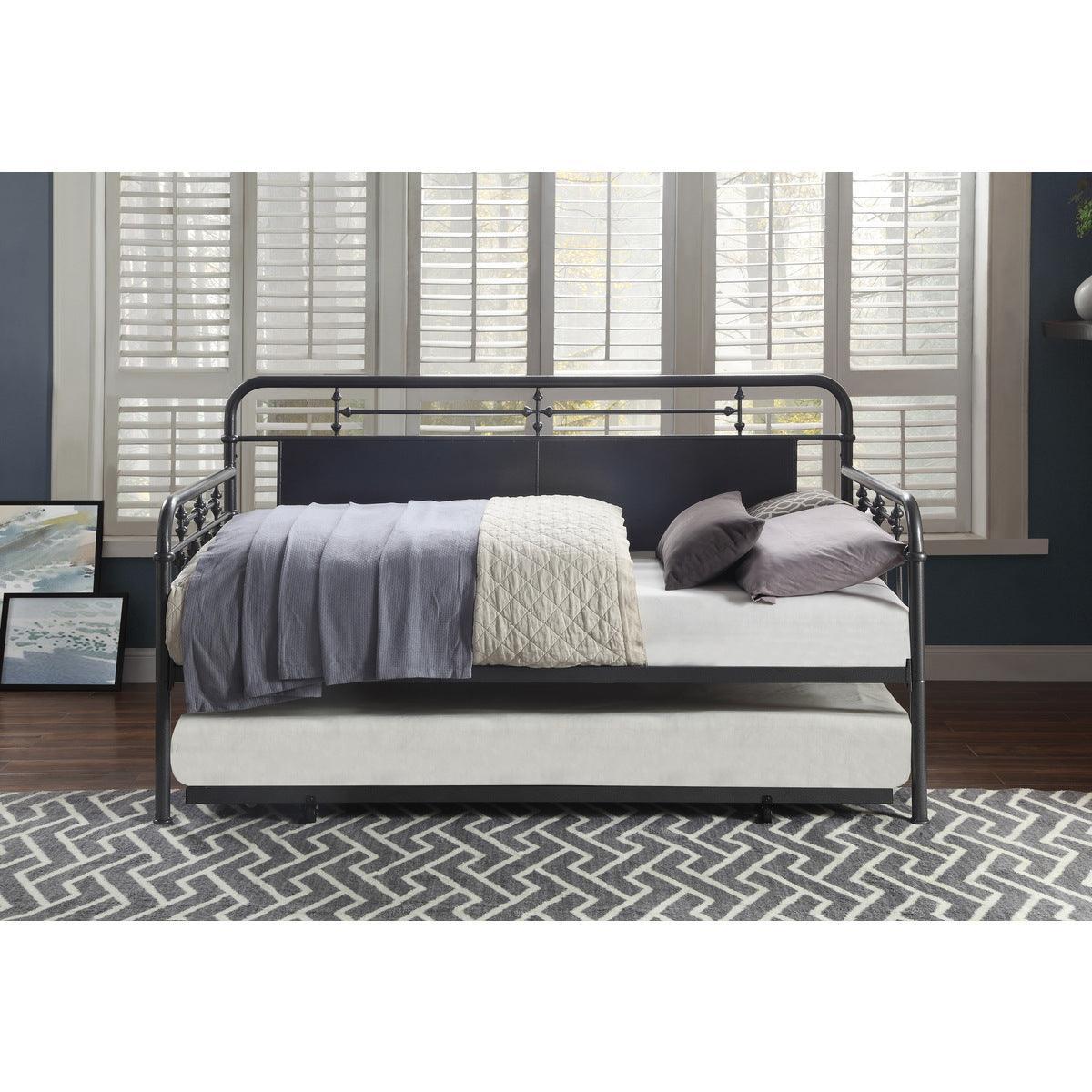Side view of Blanchard Mottled Silver Metal Daybed with Trundle