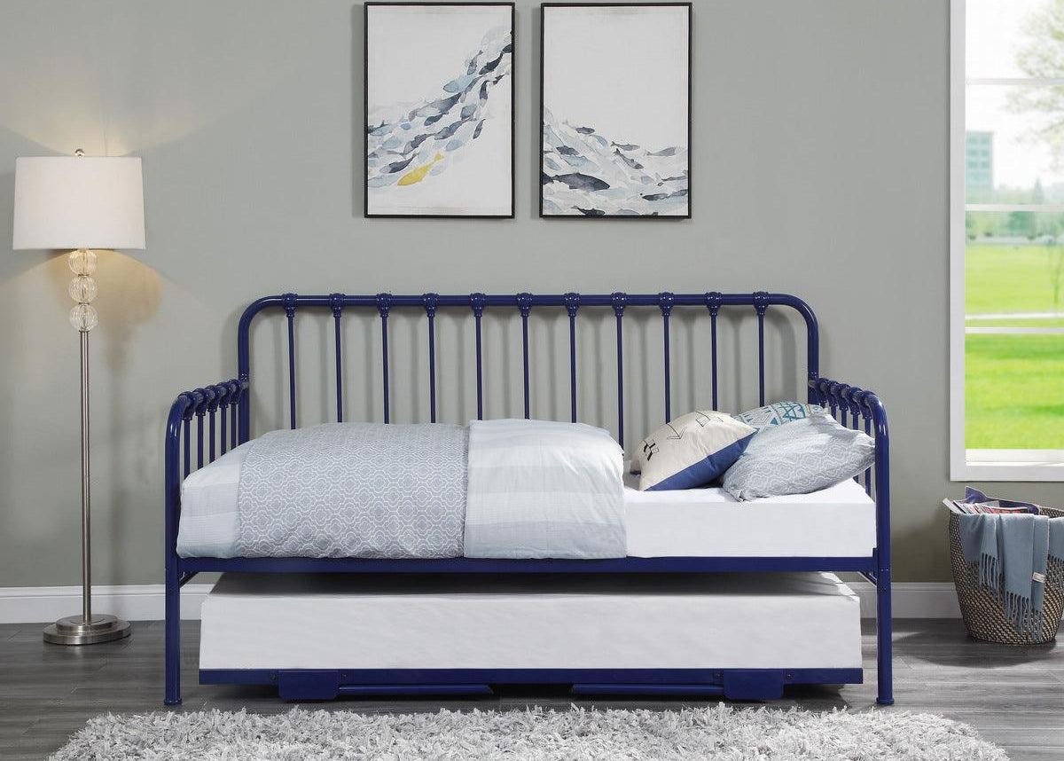 Close-up of navy blue metal frame and slatted bed base