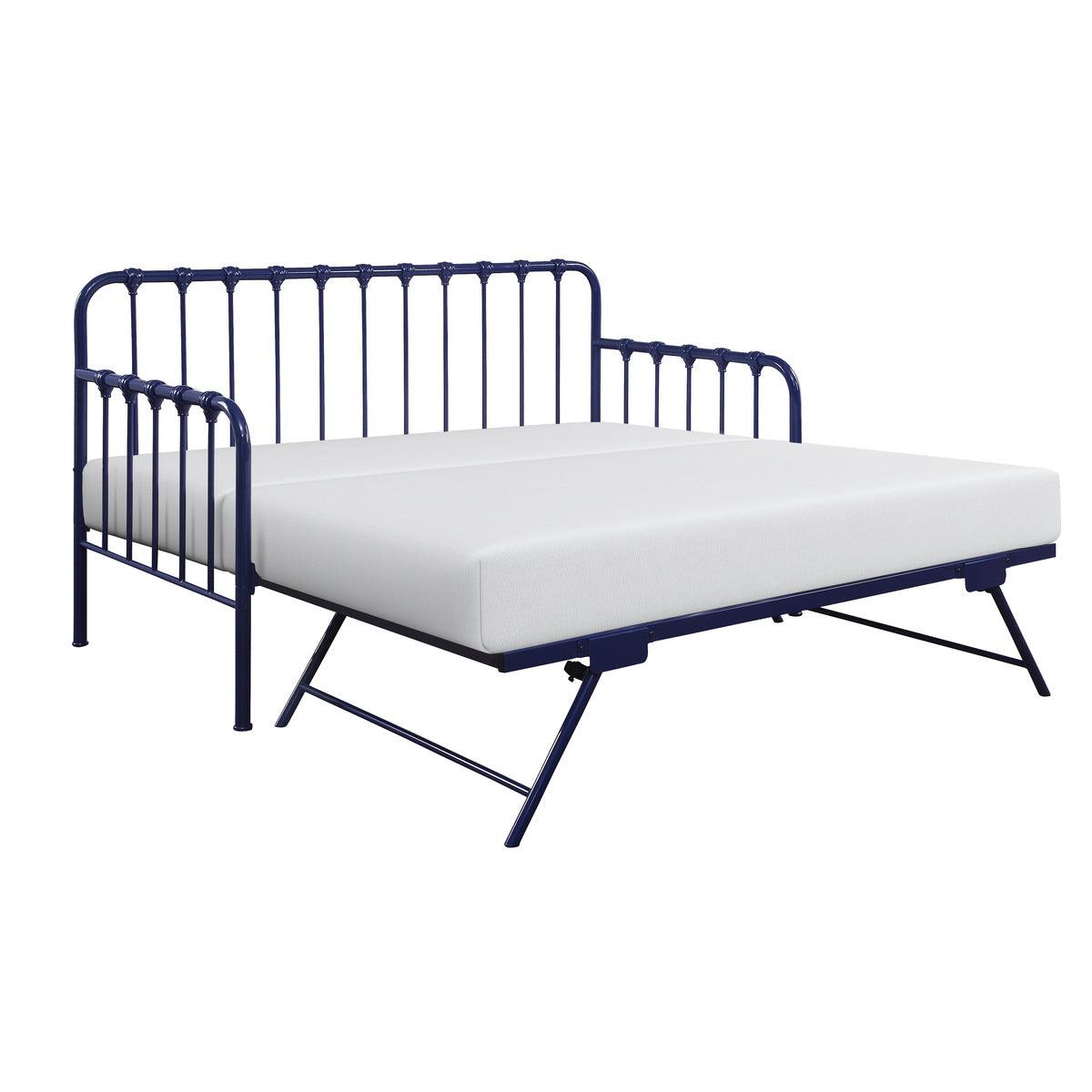 Constance navy blue metal daybed with open lift-up trundle