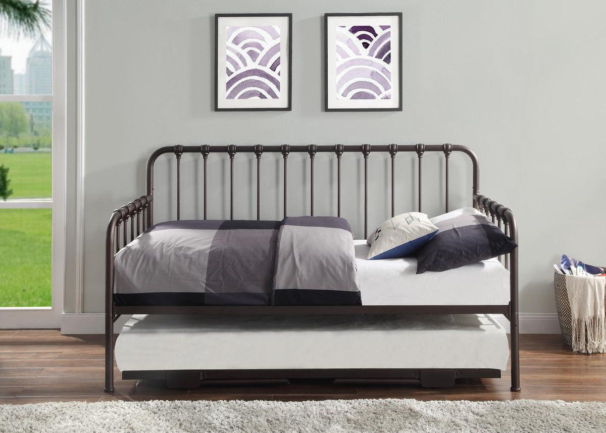 Side view of Constance Dark Bronze Metal Daybed and trundle