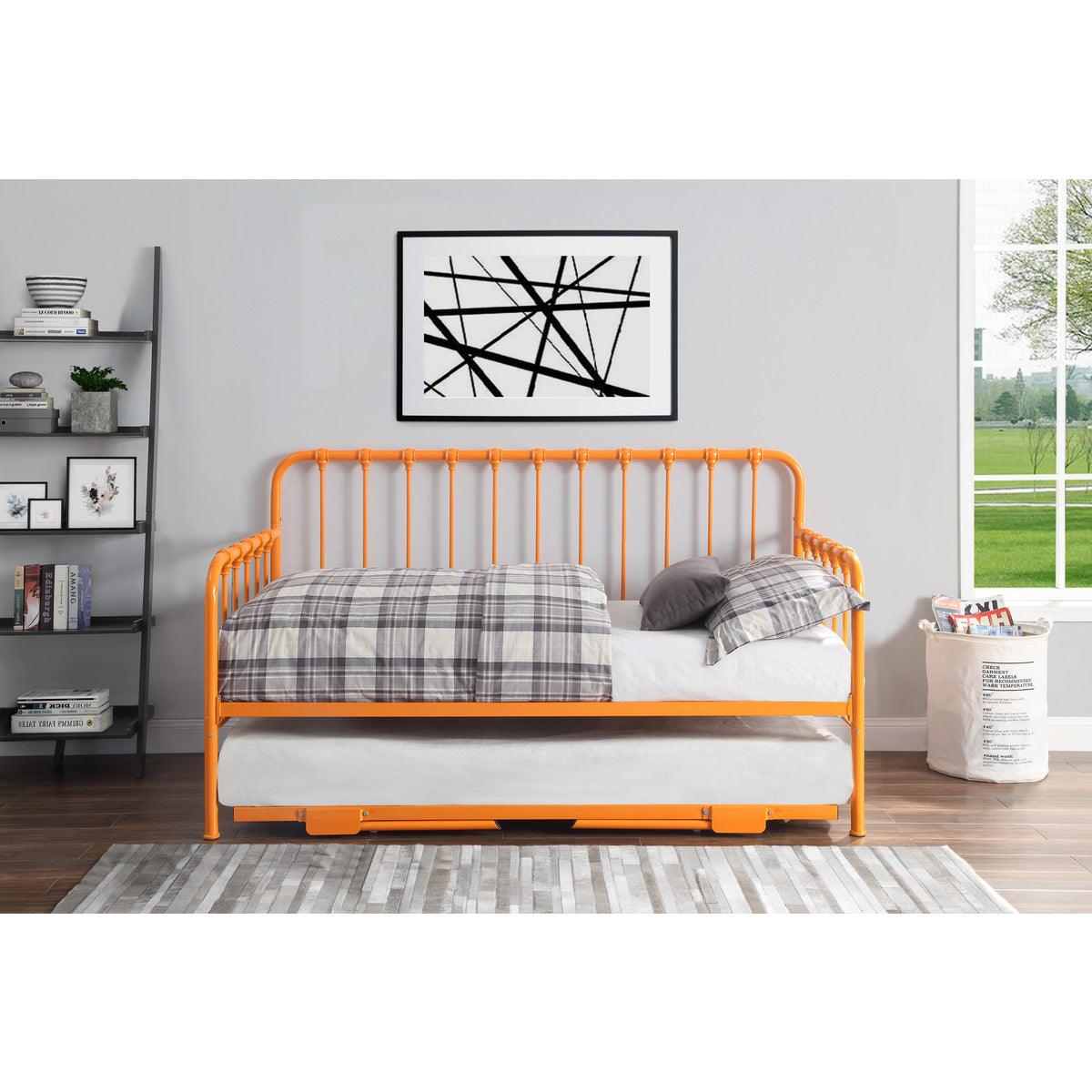 Side view of Constance Orange Metal Daybed with trundle