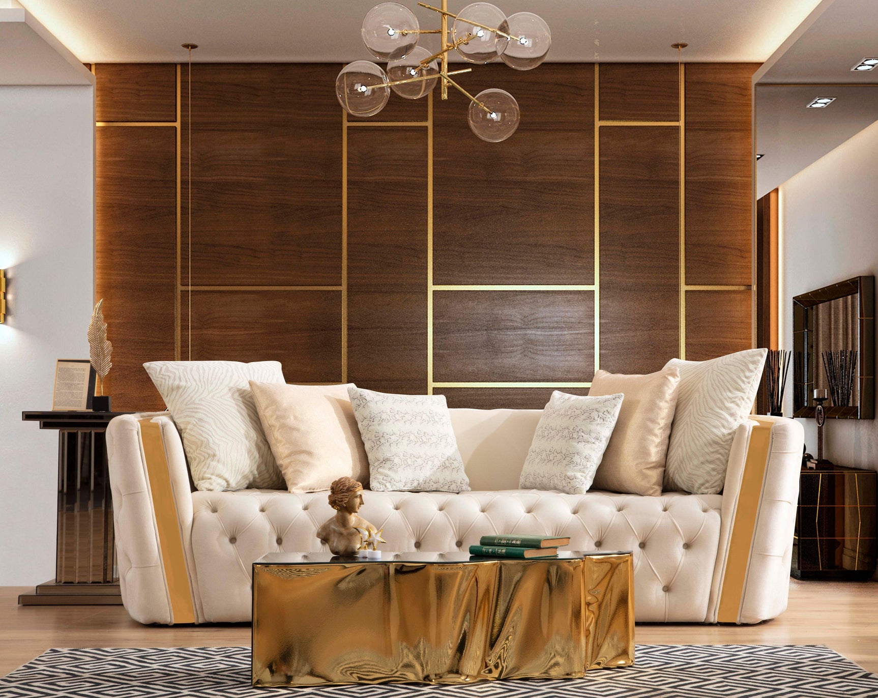 Detail of loveseat arm with gold leather