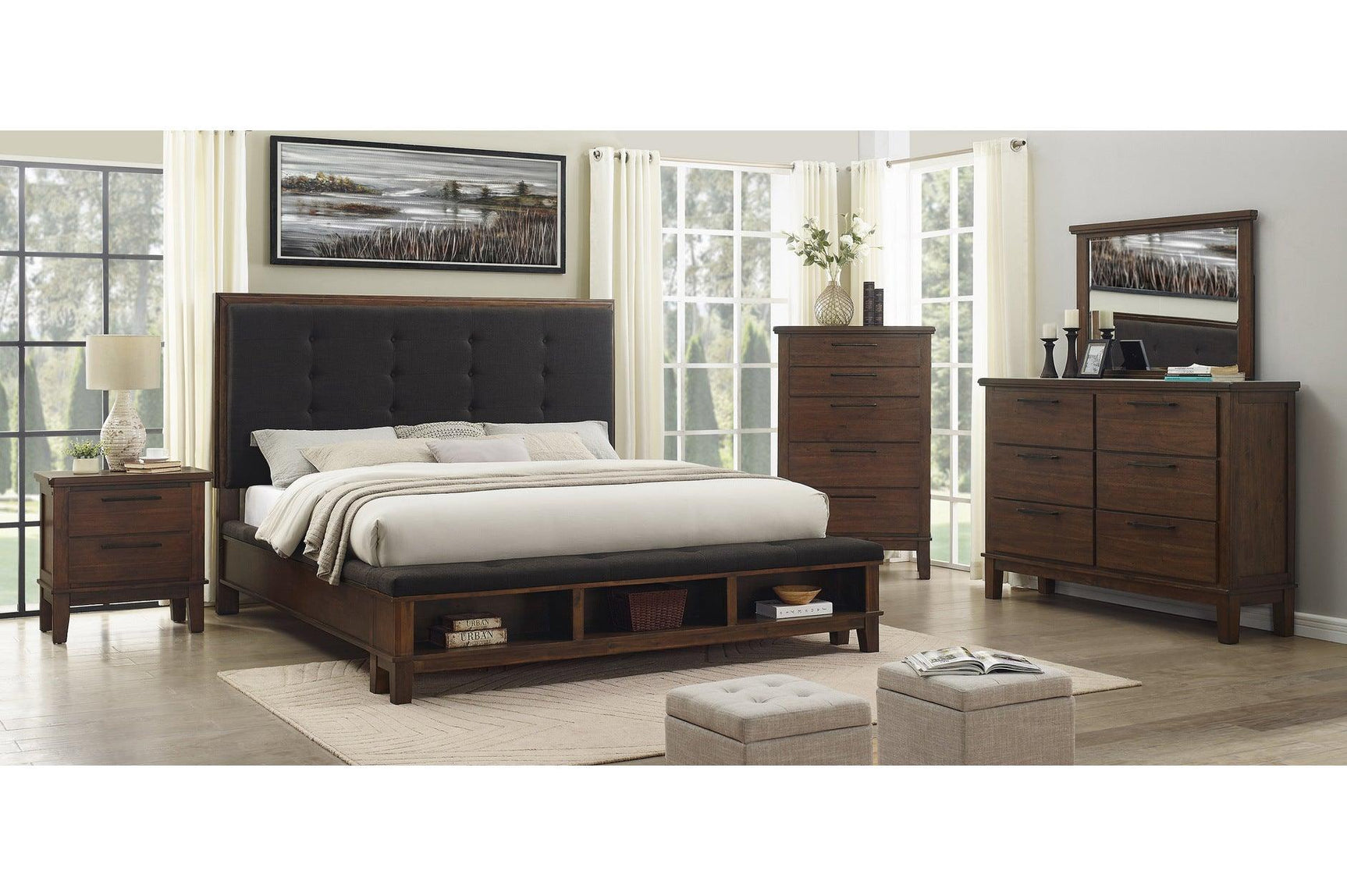 Brown tufted fabric upholstered bed front view with shelves