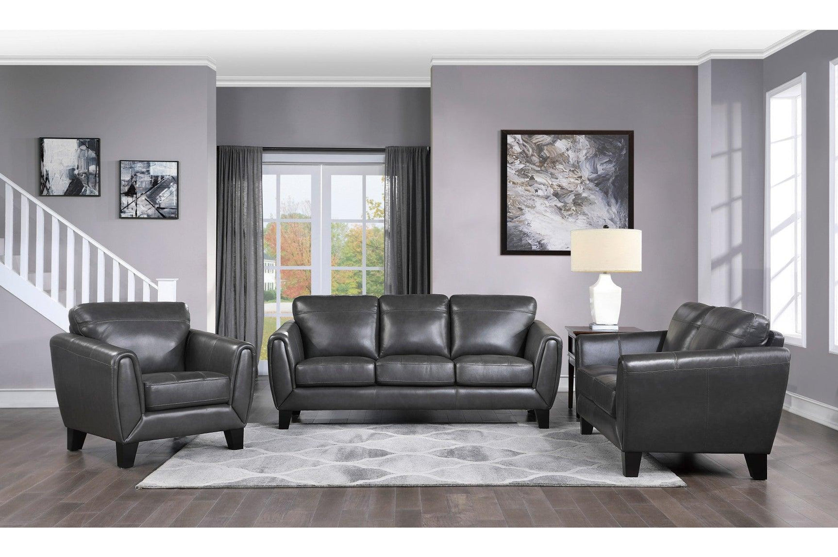 Side view of Spivey Dark Dray Burgundy Leather Sofa and Loveseat