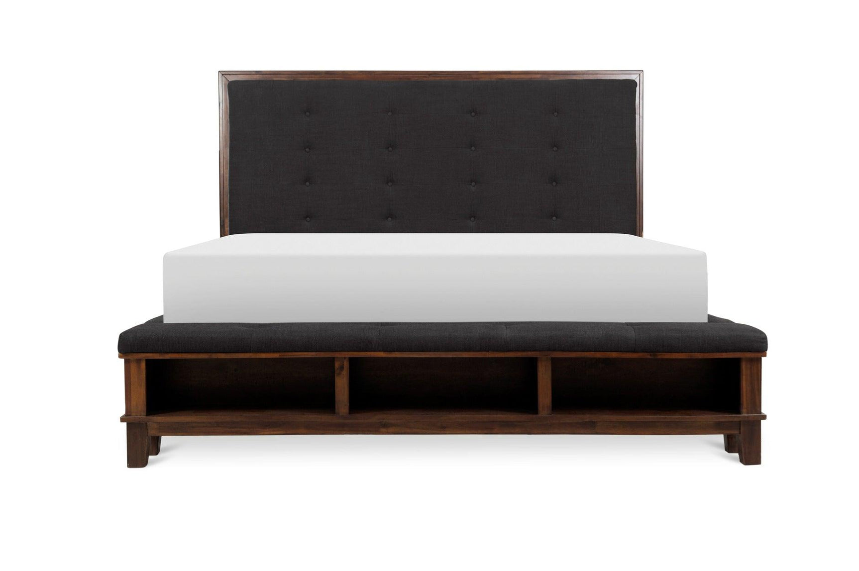 Bedroom setup featuring the brown tufted fabric upholstered bed