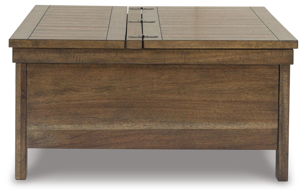 Moriville Grayish Brown Coffee Table with 2 End Tables — front view