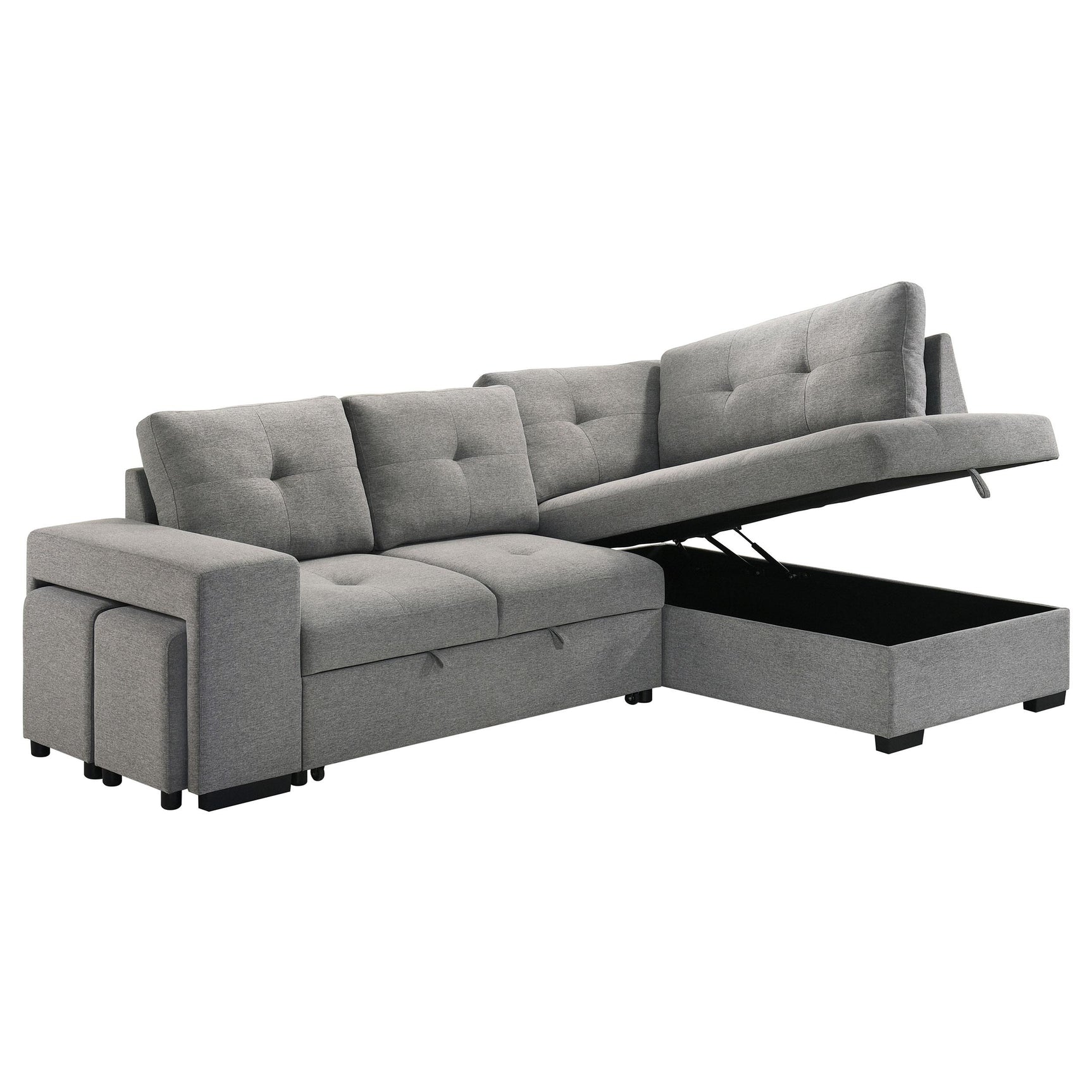 Roanne grey fabric upholstered sleeper sectional sofa angled view with chaise