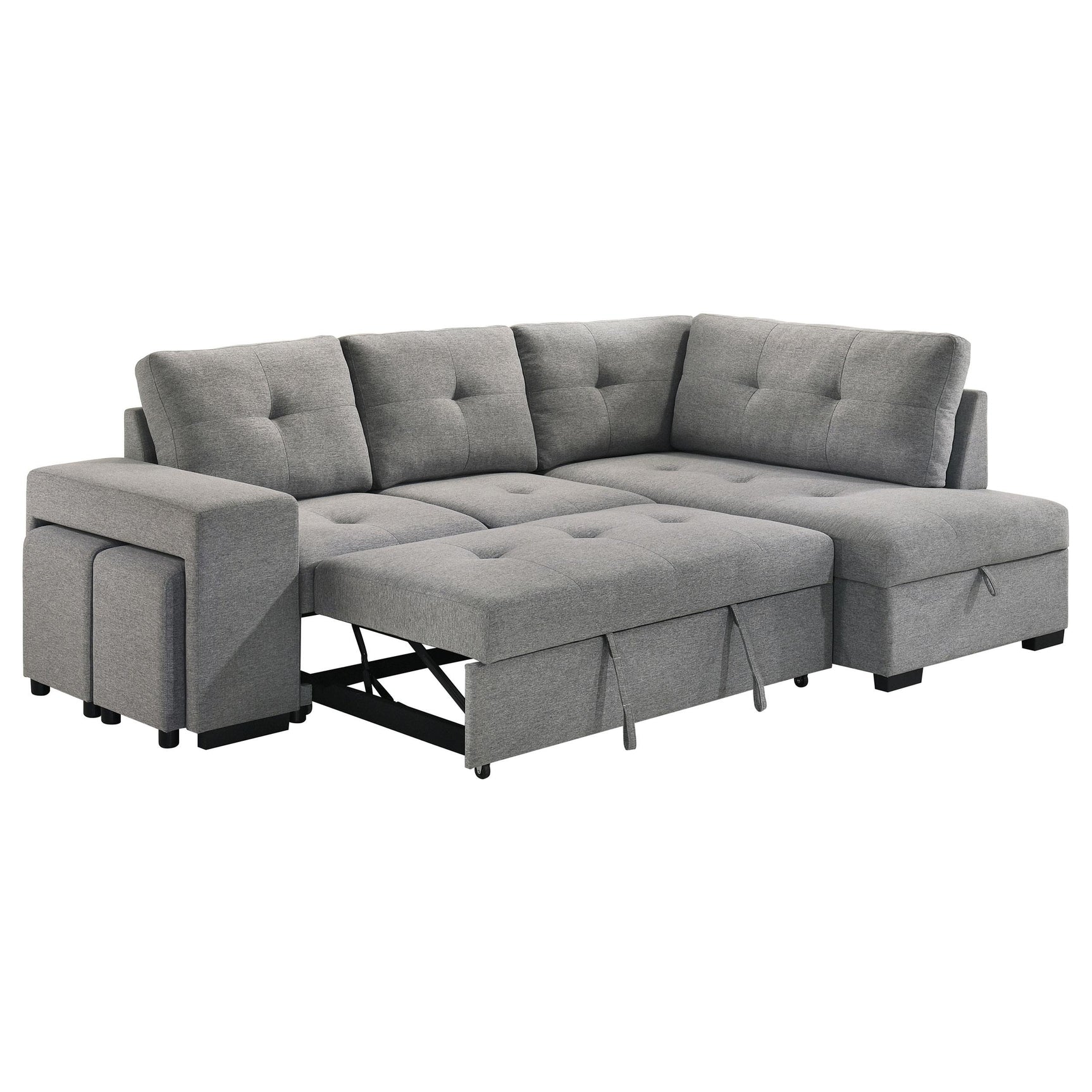 Roanne grey fabric upholstered sleeper sectional sofa angled view with chaise