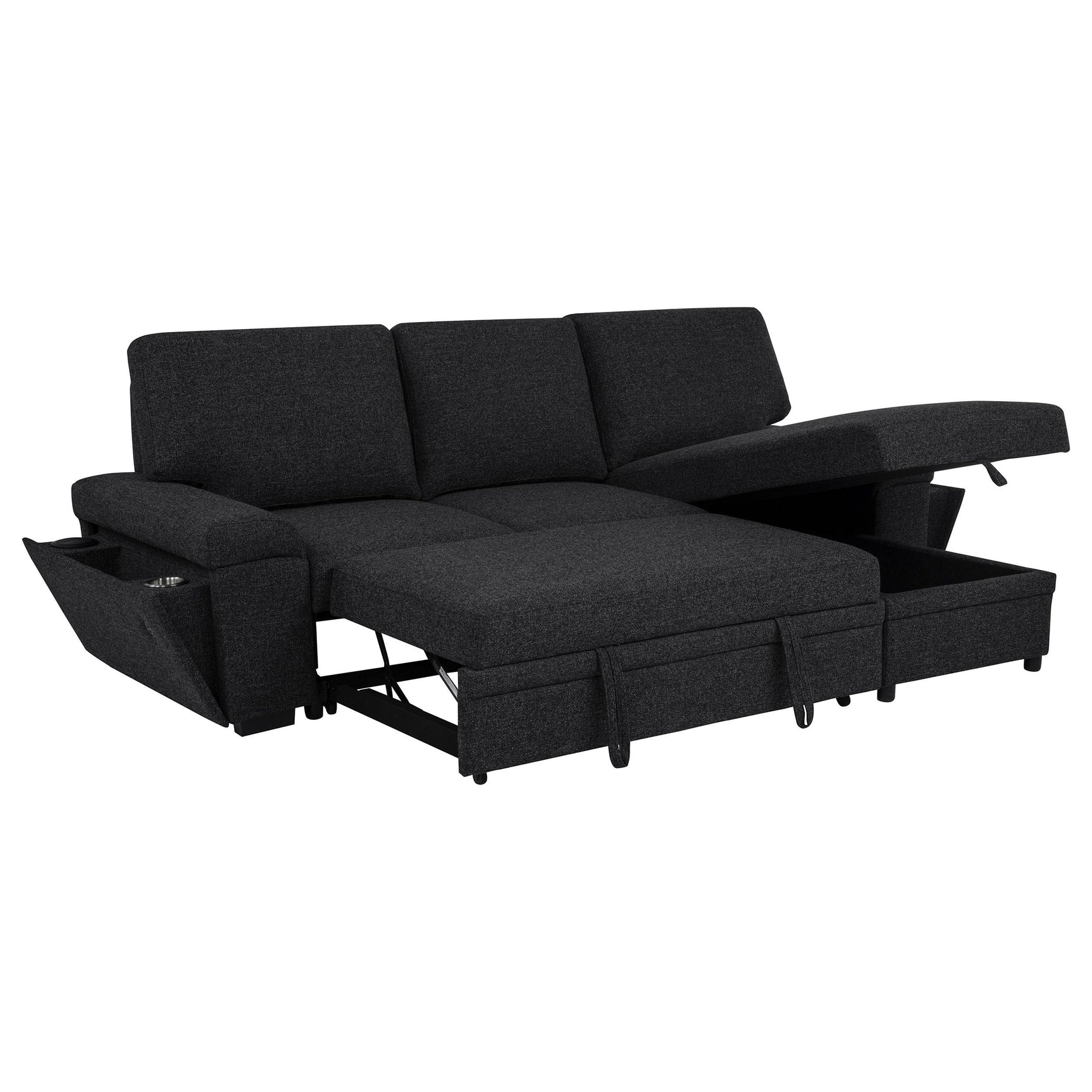 Pop-out stainless steel cup holders on sofa arm