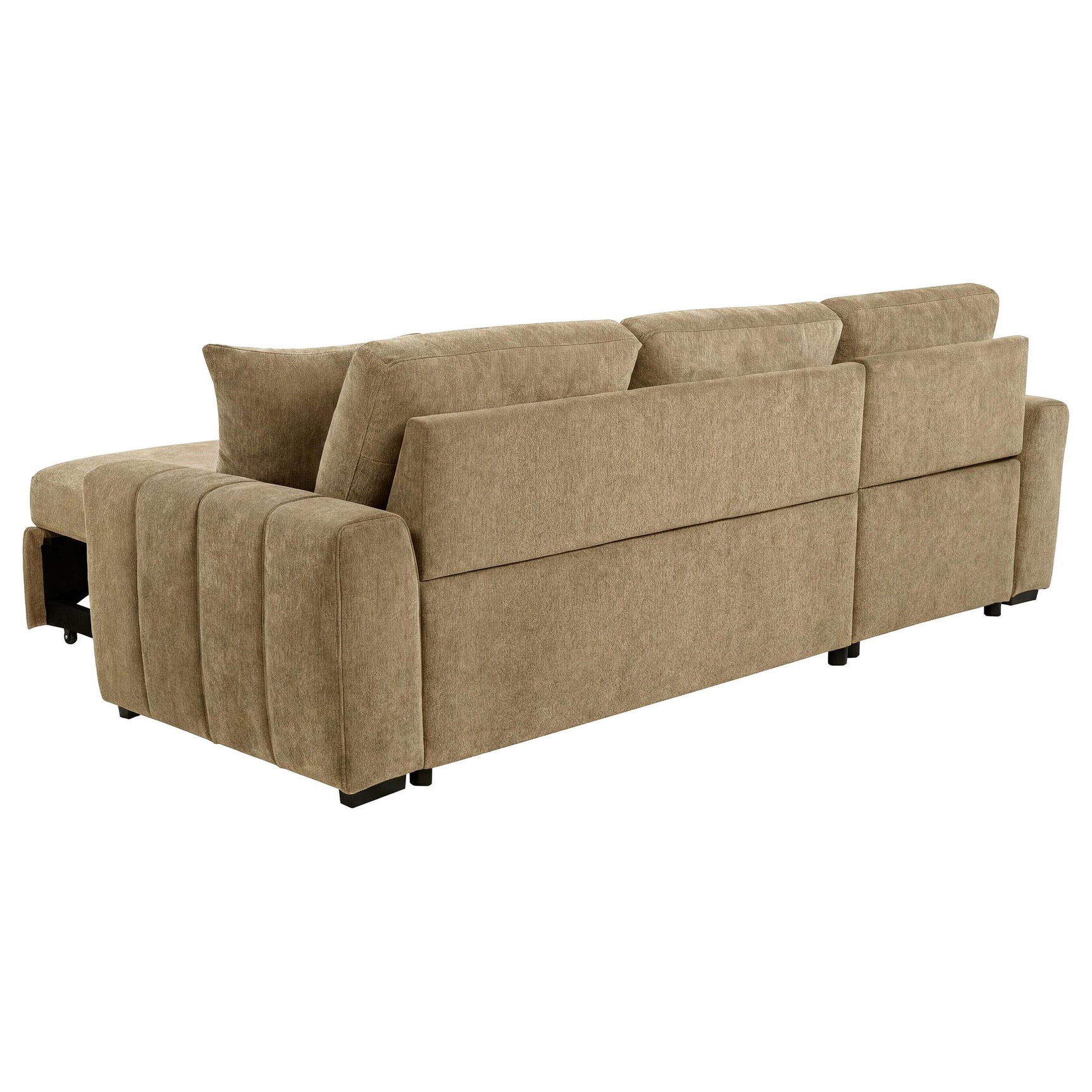 Plastic legs and brown stitching on camel fabric sofa