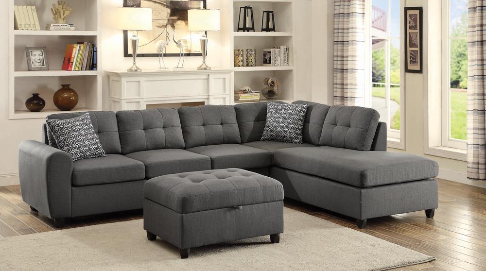 Side view of Stonenesse Tufted Storage Ottoman in grey fabric