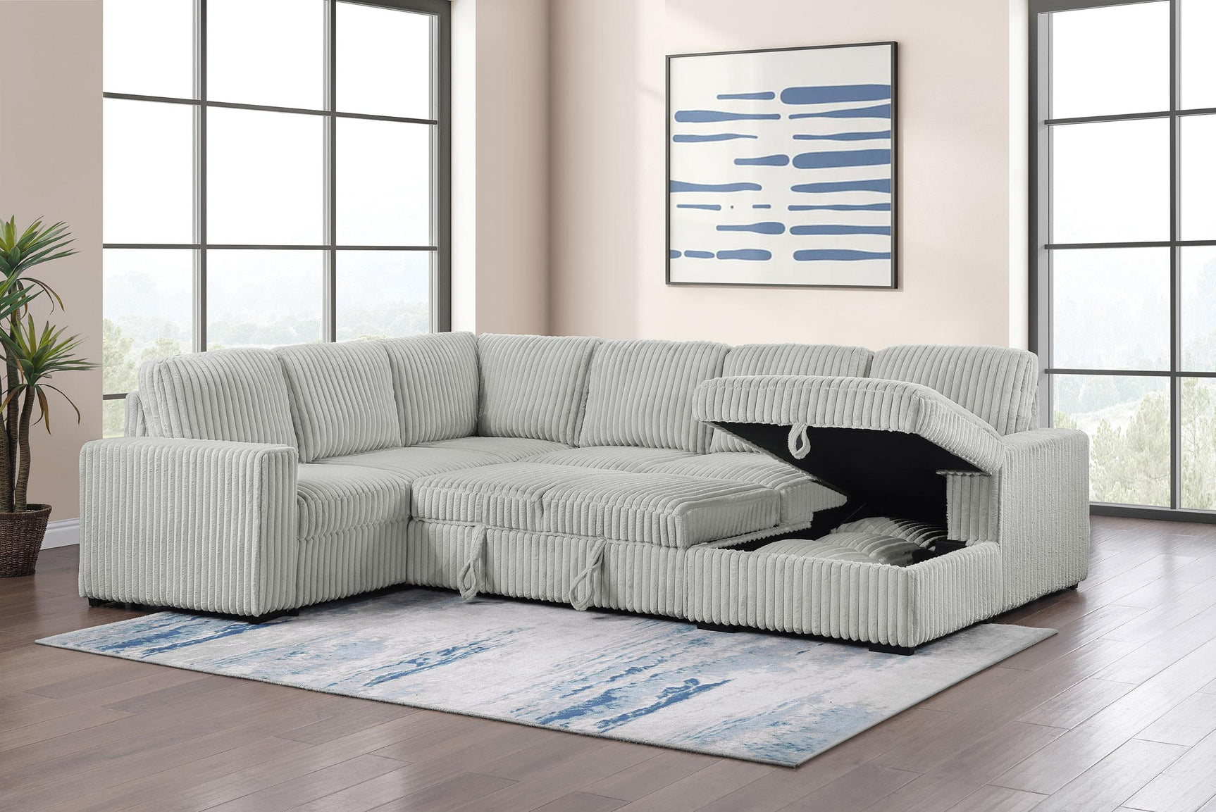 Devonshire grey sleeper sectional sofa with storage chaise