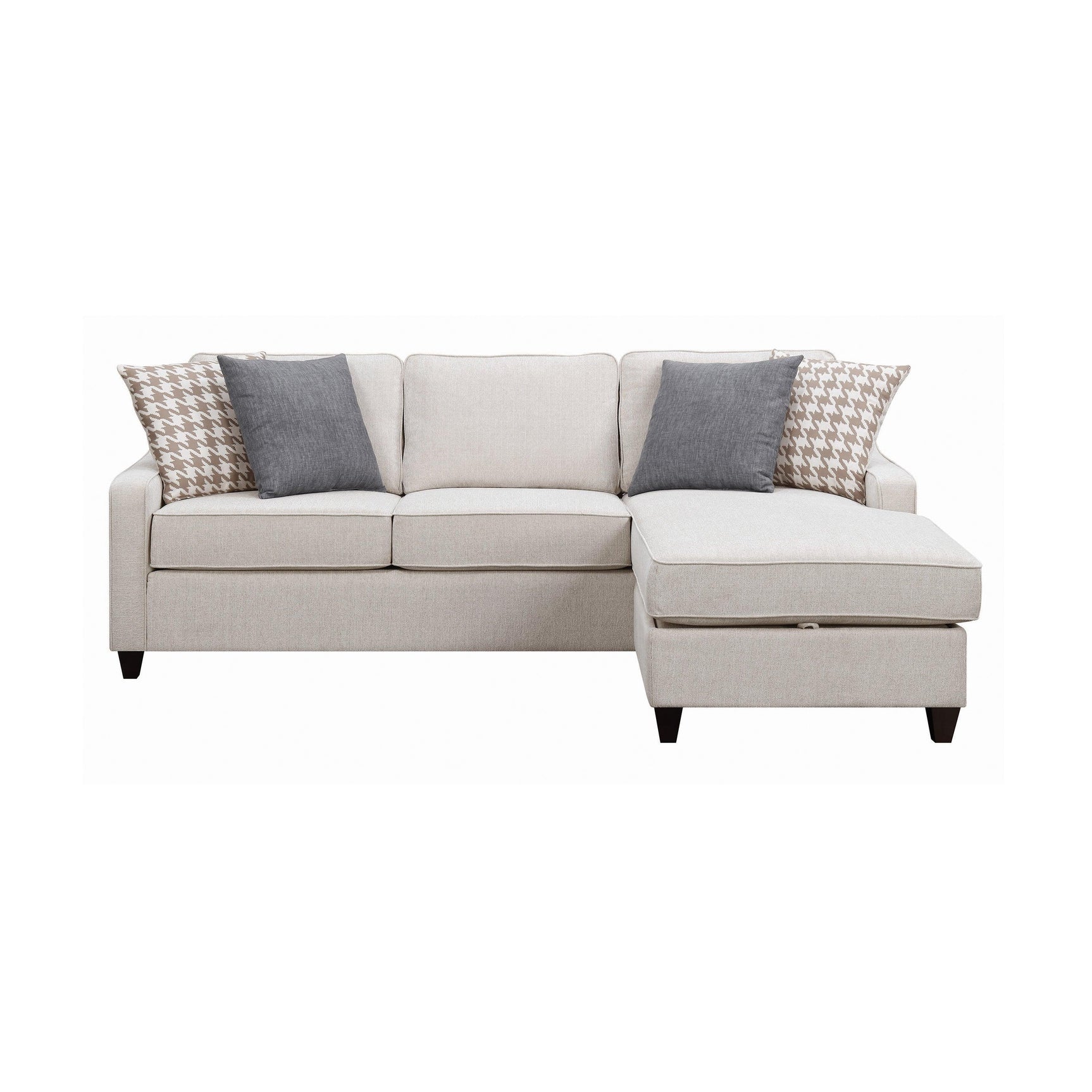 Detail view of cream fabric upholstery on sectional sofa