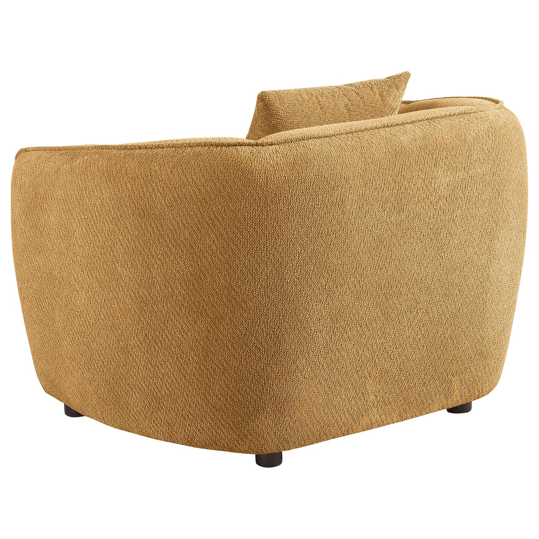 Dark brown wood legs supporting the mustard chenille chair