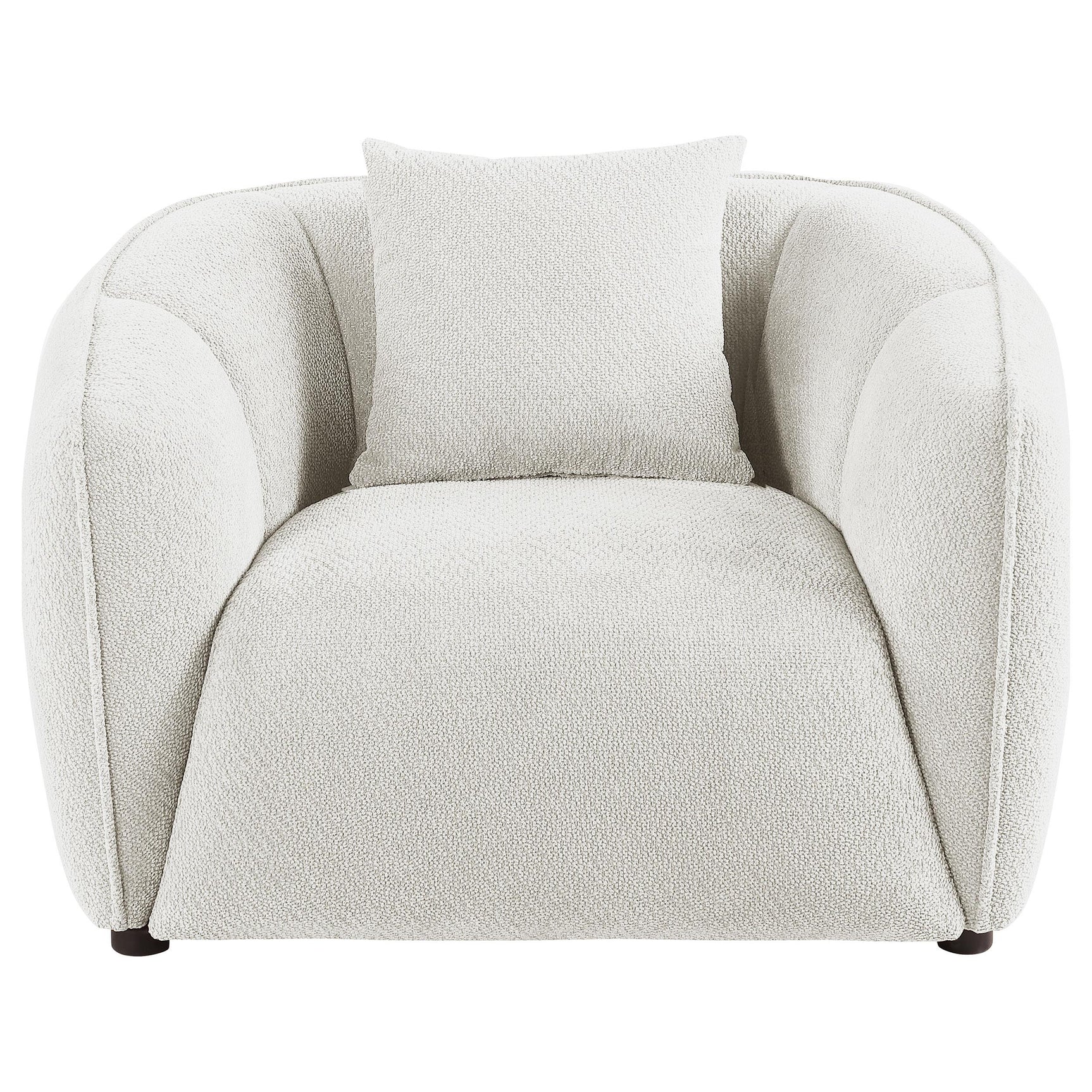 Side view of Aleisha ivory chenille upholstered accent chair with dark wood legs