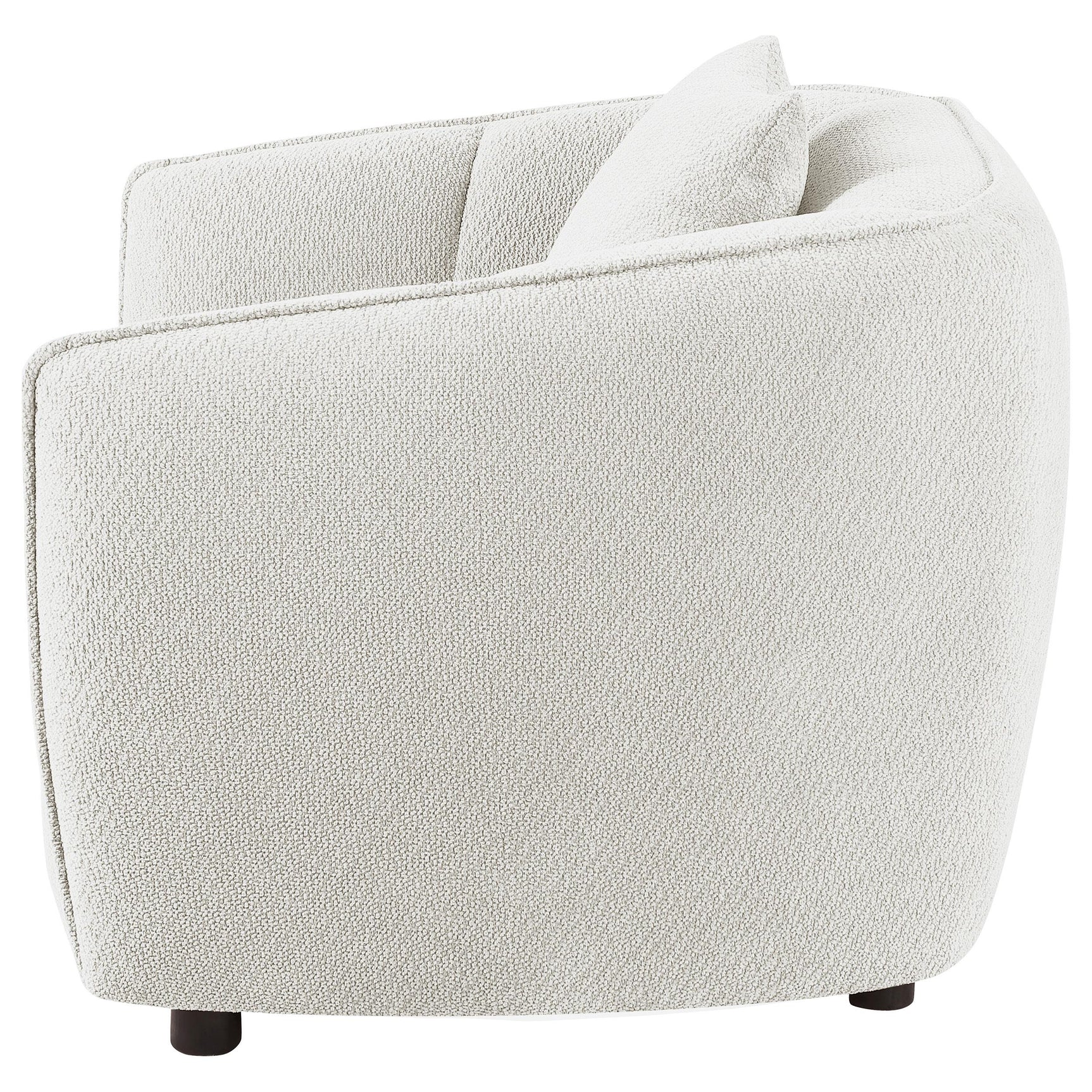 Close-up of ivory chenille upholstery and rounded arms on the Aleisha chair