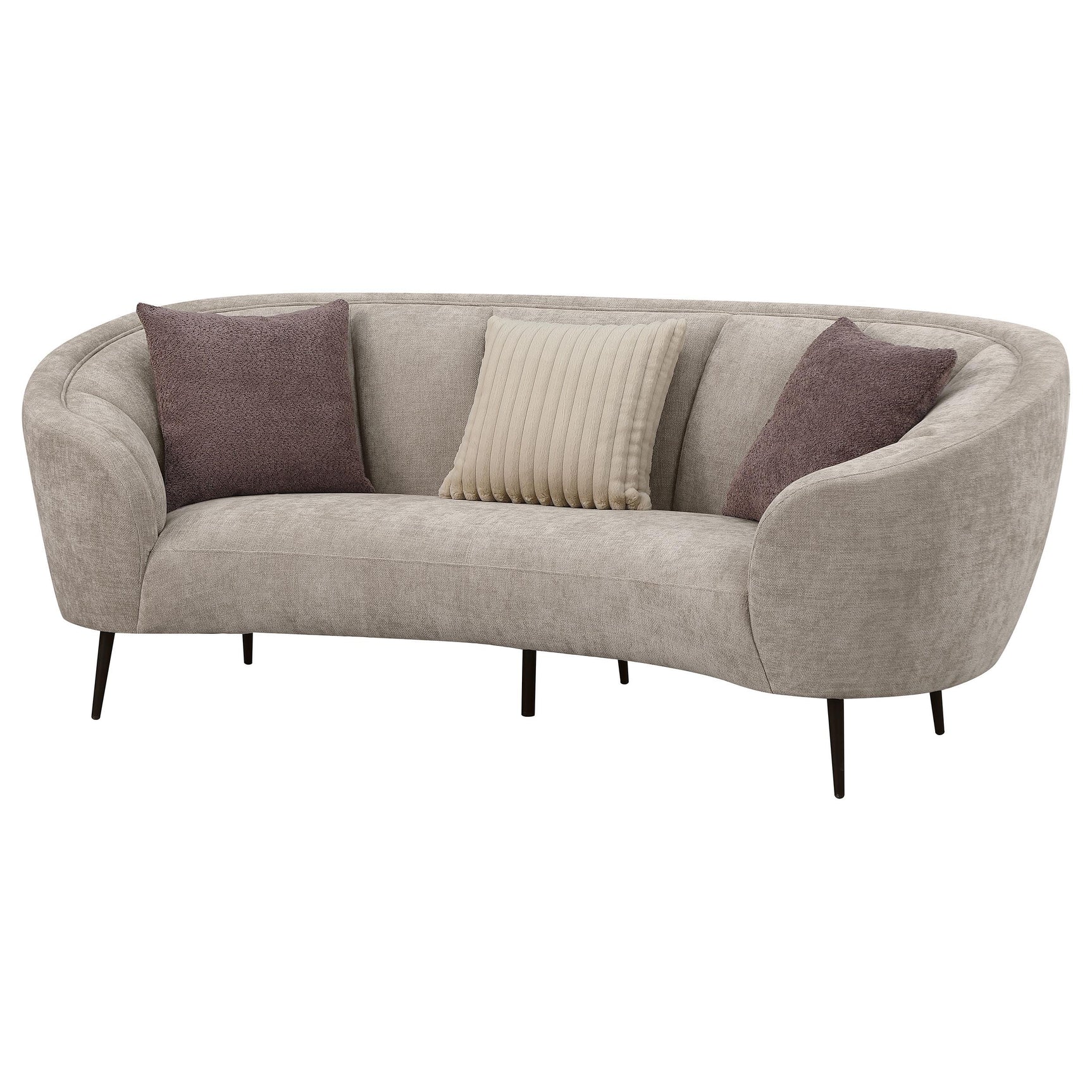 Ellorie upholstered beige curved channel back sofa detail view